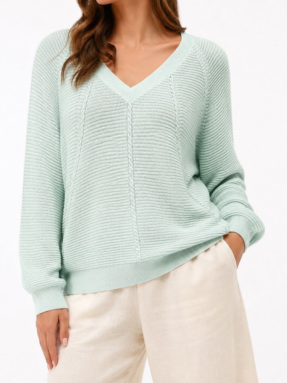 J.JILL Mint Green Seafoam 100% Cotton V-Neck Textured Knit Sweater XL Coastal